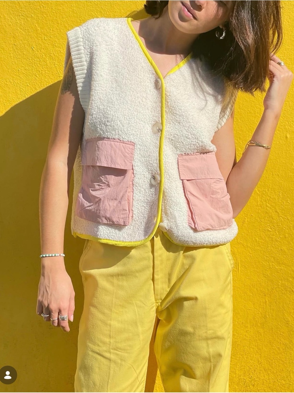 Zara Cream Sherpa with Pink Pockets and Yellow Trim